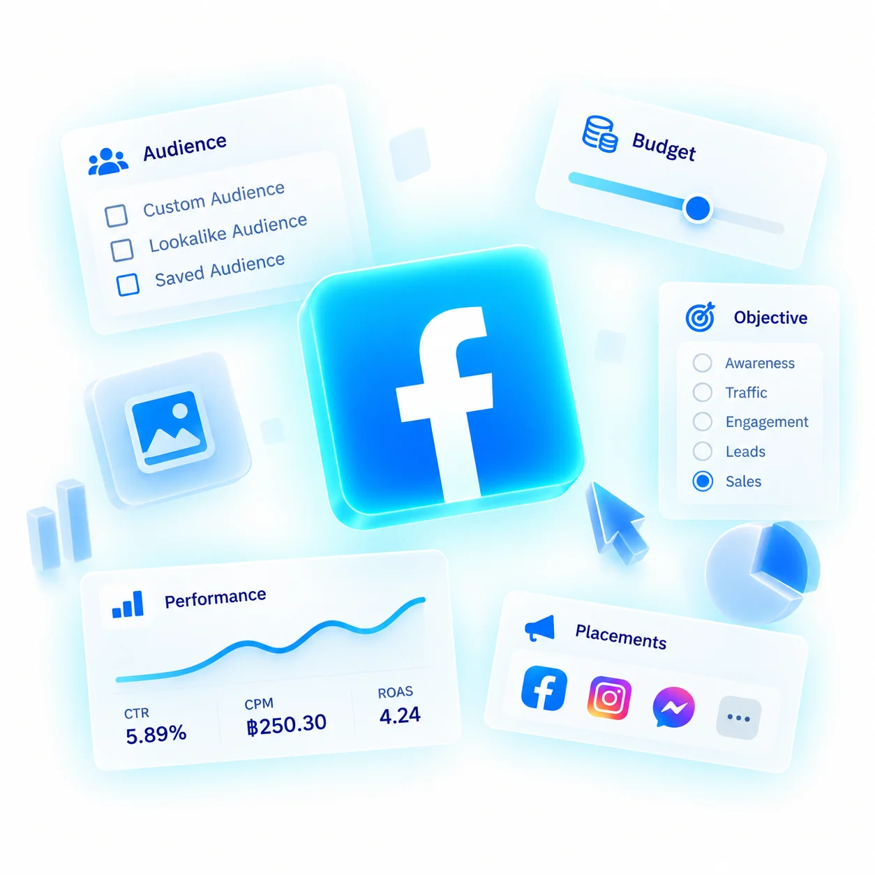 กราฟิกประกอบภาพรวมระบบตั้งค่าโฆษณา Facebook